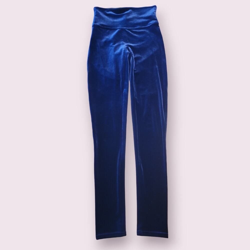 SPANX Velvet Leggings M Lapis Blue Luxe Power Waistband Glam City Edgy Chic